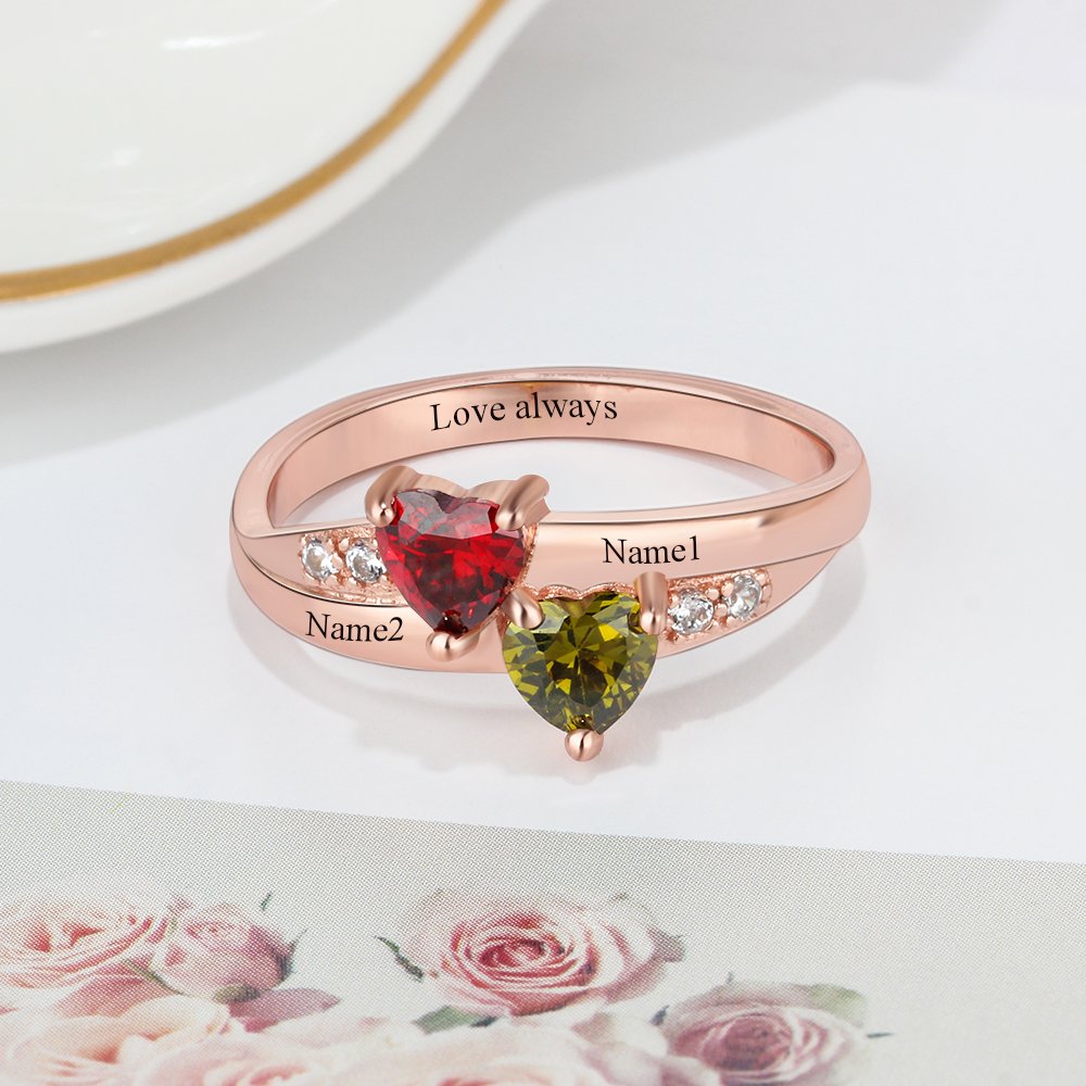 Personalized Promise Rings for Her Mother Rings with 2 Simulated Birthstones Custom Couples Name Ring for Women Rose Gold