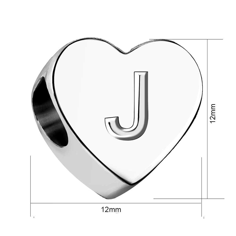 KunBead Initials J Letter Alphabet Love Heart Birthday Bead Charm Compatible with Pandora Bracelet for Women