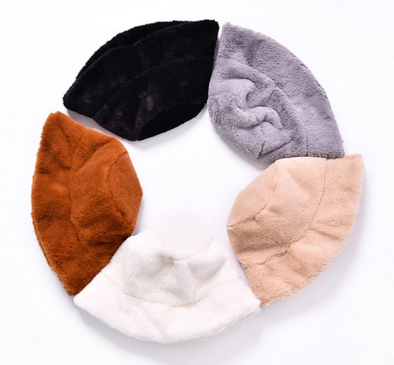 Women Winter Plush Bucket Hat Warm Solid Color Faux Fur Fisherman Cap White