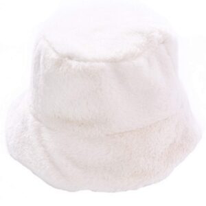 Women Winter Plush Bucket Hat Warm Solid Color Faux Fur Fisherman Cap White