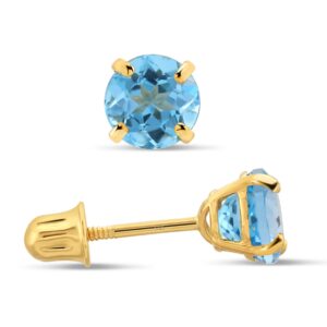 14K Yellow Gold Blue-Topaz Gemstone Birthstone Solitaire Stud Earrings With Secure Screw Backs, (1.20 cttw, 5MM)