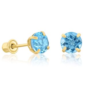 14K Yellow Gold Blue-Topaz Gemstone Birthstone Solitaire Stud Earrings With Secure Screw Backs, (1.20 cttw, 5MM)