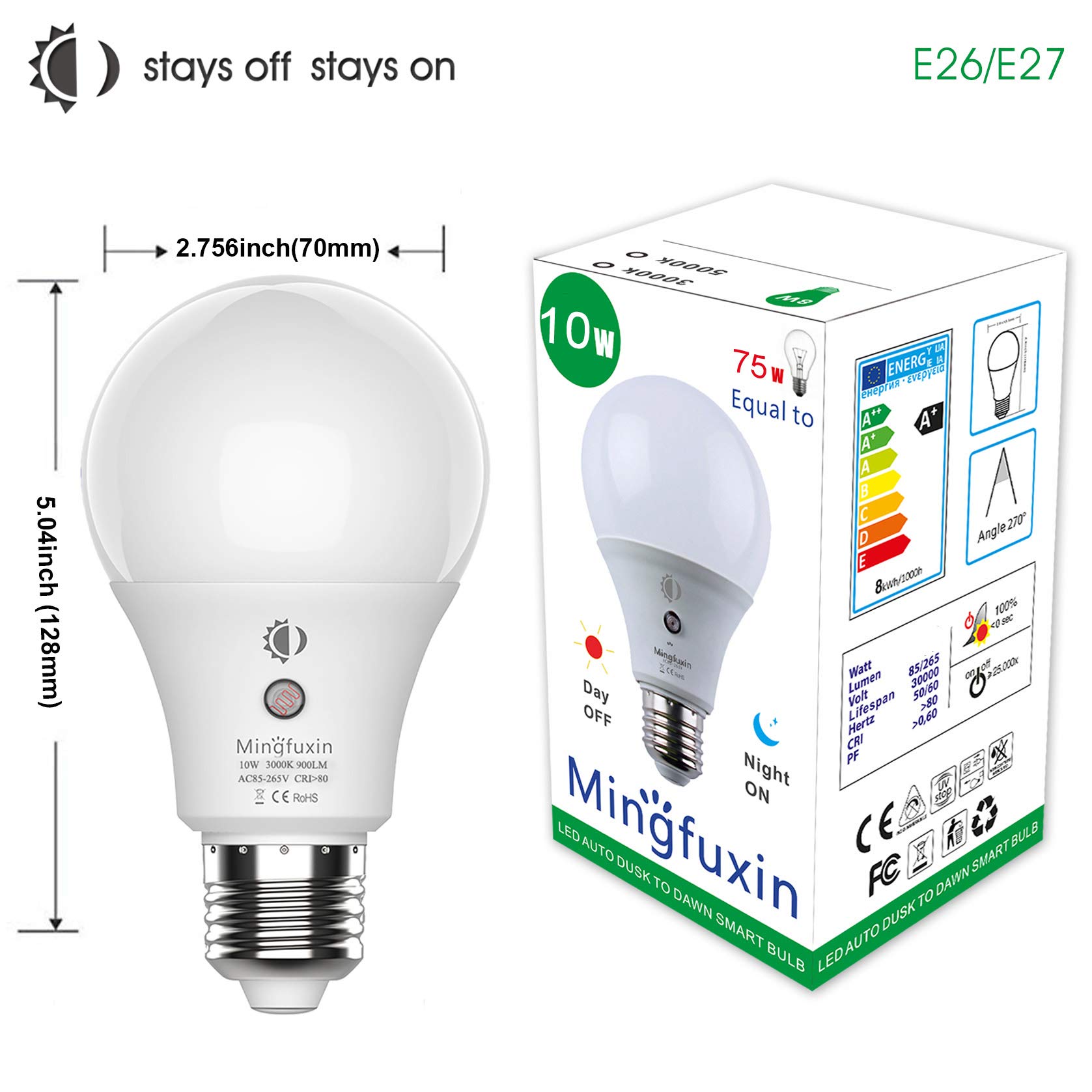 Mingfuxin Dusk to Dawn Light Bulbs 75W Equivalent, Auto on/Off Sensor Porch Light, LED Light Bulbs Smart Sensor Lighting Lamp 10W E26/E27 for Patio Garage Garden Light 3000K