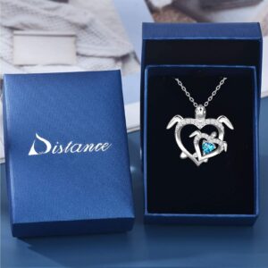 Distance Sea Turtle Necklace for Women, Health and Longevity Mom and Baby, 925 Sterling Silver Birthstone Heart Pendant Necklace Jewelry Gifts for Women Mother Wife