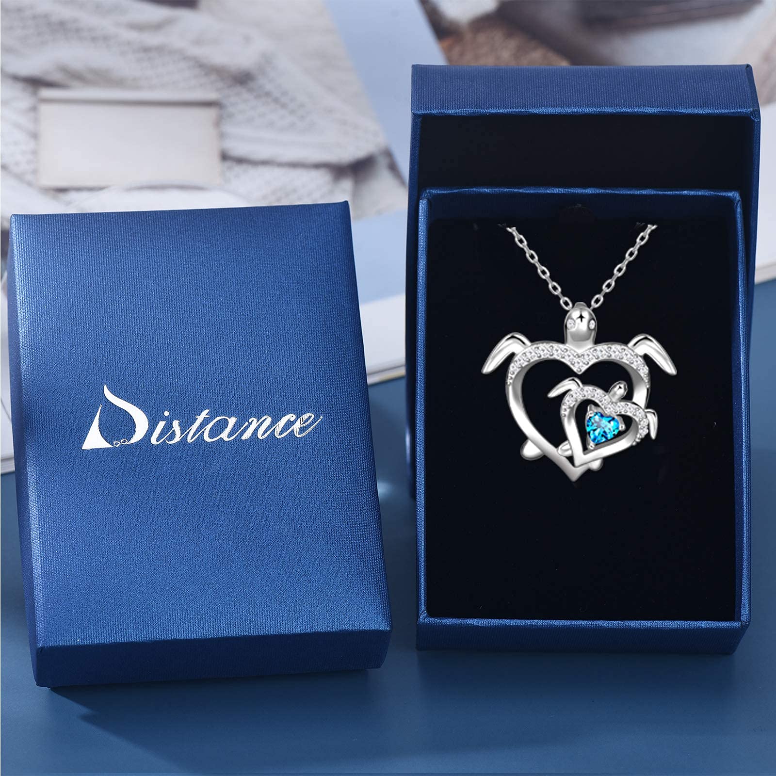 Distance Sea Turtle Necklace for Women, Health and Longevity Mom and Baby, 925 Sterling Silver Birthstone Heart Pendant Necklace Jewelry Gifts for Women Mother Wife