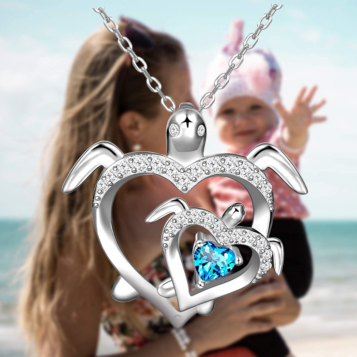 Distance Sea Turtle Necklace for Women, Health and Longevity Mom and Baby, 925 Sterling Silver Birthstone Heart Pendant Necklace Jewelry Gifts for Women Mother Wife