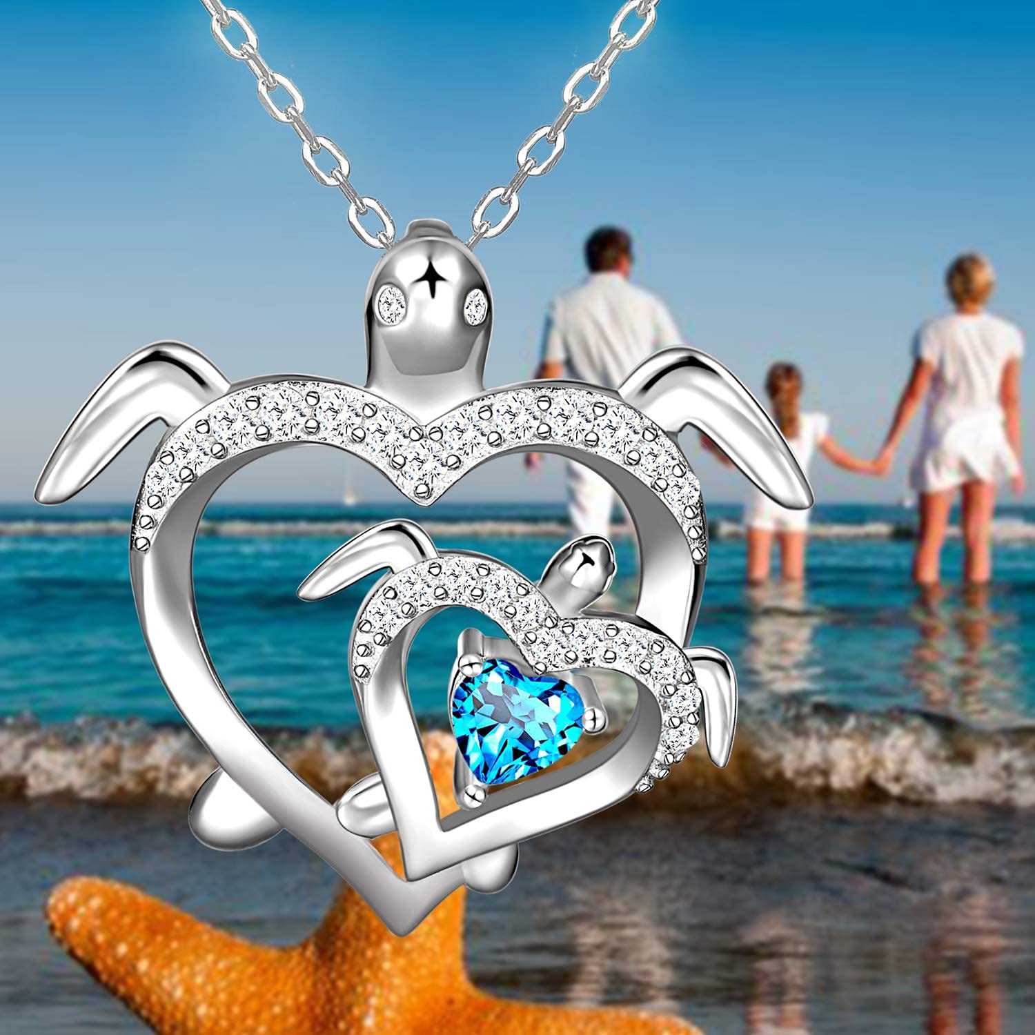 Distance Sea Turtle Necklace for Women, Health and Longevity Mom and Baby, 925 Sterling Silver Birthstone Heart Pendant Necklace Jewelry Gifts for Women Mother Wife