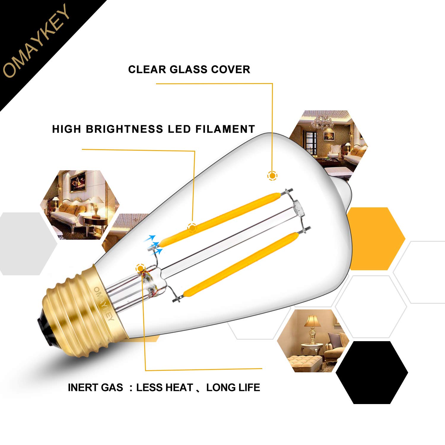 OMAYKEY 2W LED Edison Bulb 25W Equivalent 3000K Soft White 250 LM, E26 Base Antique Edison Style Clear Glass Tiny ST48 Dimmable LED Chandelier Filament Light Bulbs, Pack of 8