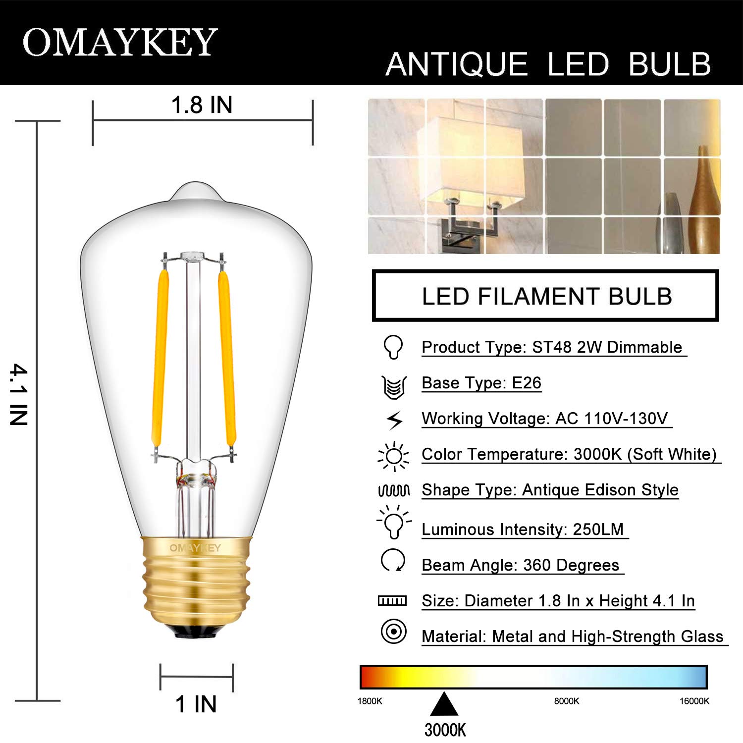 OMAYKEY 2W LED Edison Bulb 25W Equivalent 3000K Soft White 250 LM, E26 Base Antique Edison Style Clear Glass Tiny ST48 Dimmable LED Chandelier Filament Light Bulbs, Pack of 8