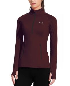 baleaf women's thermal fleece half zip pullover thumbholes long sleeve running jacket shirts winter wine red xxl