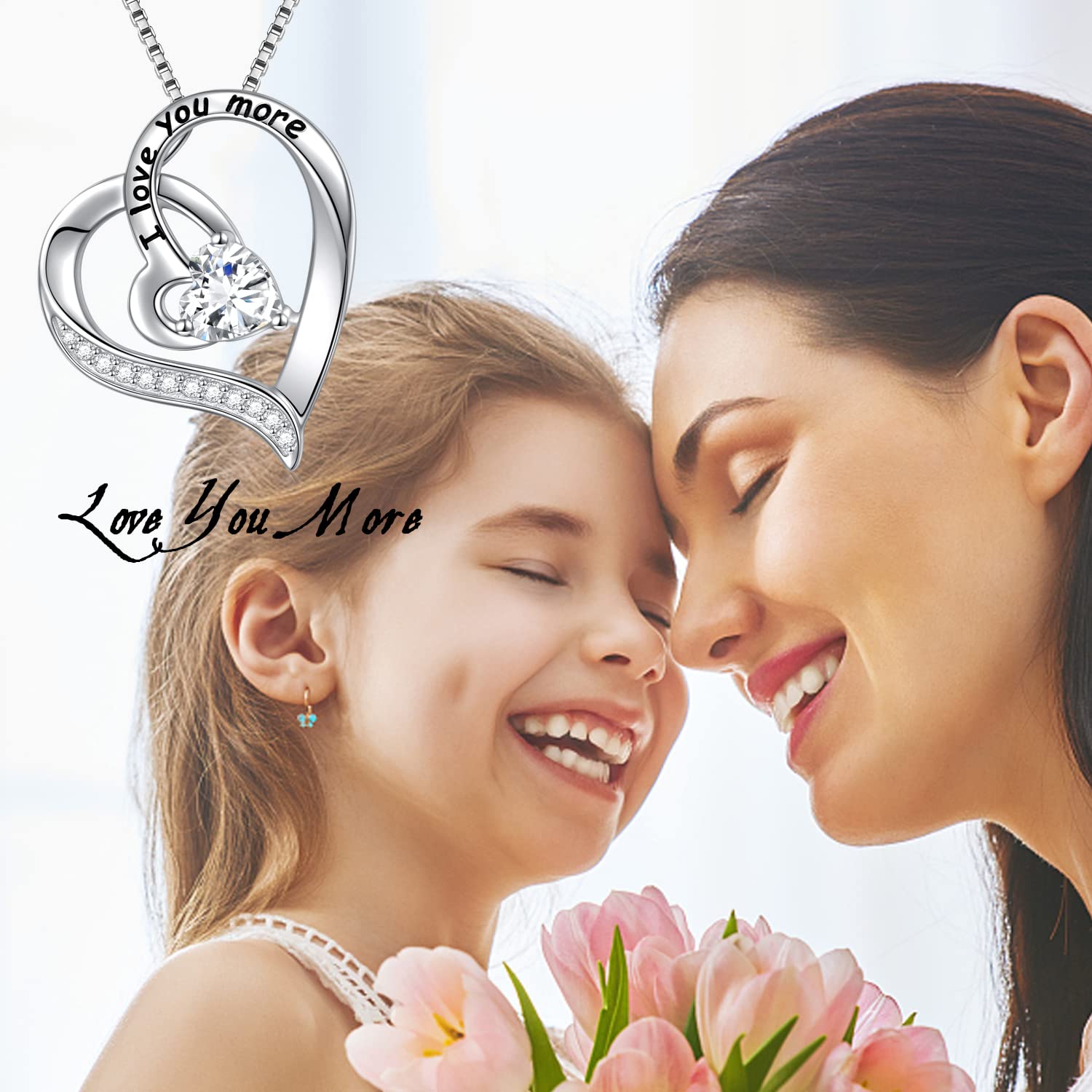 FLYOW I Love You More Heart Necklace for Women Sterling Silver CZ Pendant 18 Inch, Best Valentine's Day Jewelry Gifts (I Love You More)