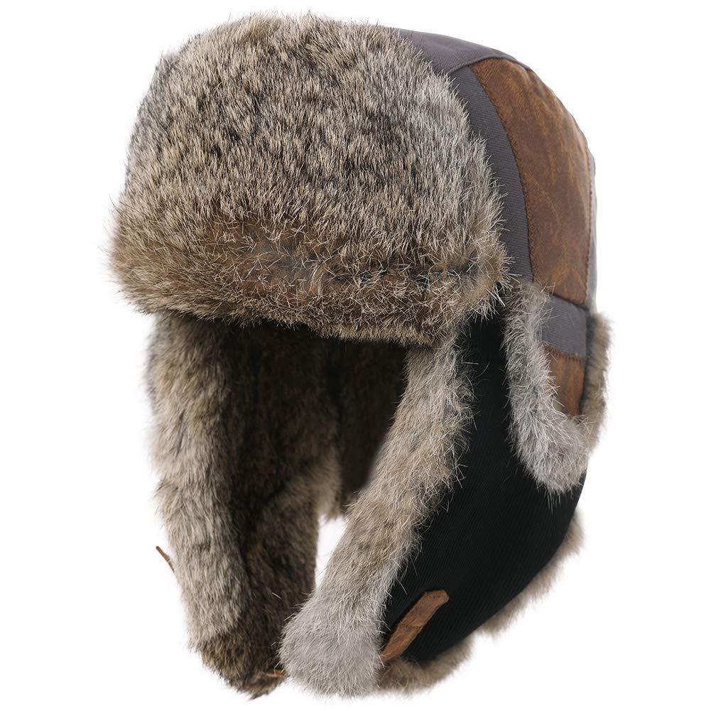 Comhats Winter Hats for Men Hunting Ushanka Russian Warm Trapper Hunting Hiking Skiing Cap Gray Real Fur Large L