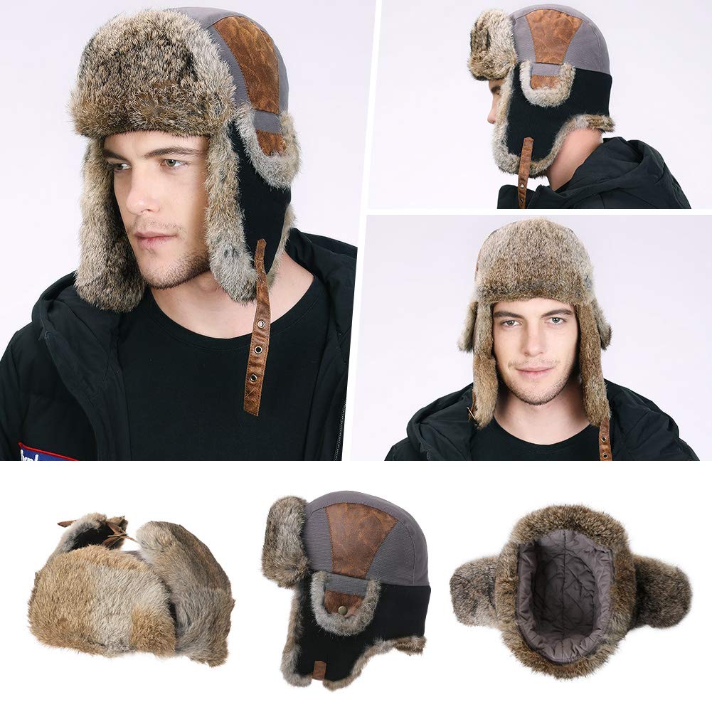 Comhats Winter Hats for Men Hunting Ushanka Russian Warm Trapper Hunting Hiking Skiing Cap Gray Real Fur Large L