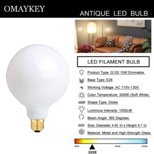 OMAYKEY 15W Dimmable Large LED Globe Bulb 100W Equivalent 1000 Lumens, 3000K Soft White E26 Medium Base, Vintage Edison G125 Large Globe Edison Style LED Filament Light Bulb, Deep Dimming Version