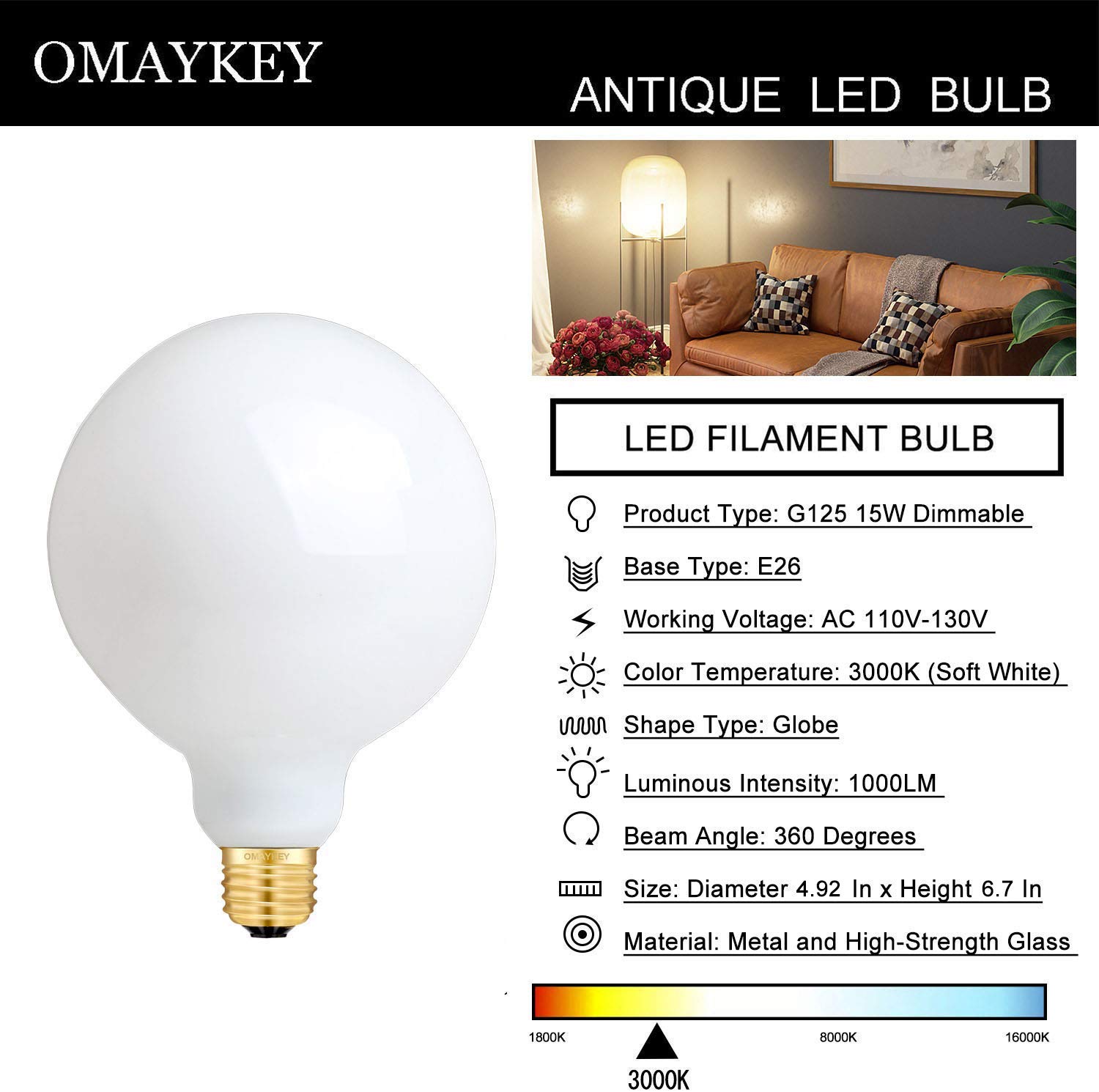 OMAYKEY 15W Dimmable Large LED Globe Bulb 100W Equivalent 1000 Lumens, 3000K Soft White E26 Medium Base, Vintage Edison G125 Large Globe Edison Style LED Filament Light Bulb, Deep Dimming Version