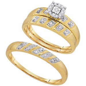 Solid 10k Yellow Gold His and Hers Round Diamond Solitaire Matching Couple Three Rings Bridal Engagement Ring Wedding Bands Set 1/10 Ct. - (L = 5, M = 10)