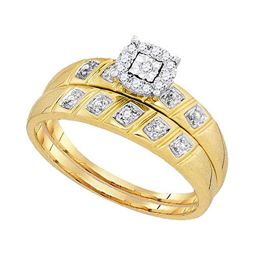 Solid 10k Yellow Gold His and Hers Round Diamond Solitaire Matching Couple Three Rings Bridal Engagement Ring Wedding Bands Set 1/10 Ct. - (L = 5, M = 10)