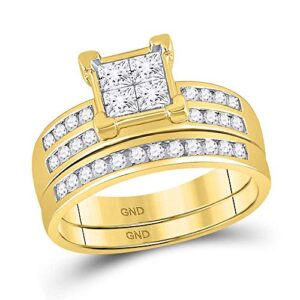 Solid 10k Yellow Gold His and Hers Princess Cut Diamond Cluster Matching Couple Three Rings Bridal Engagement Ring Wedding Bands Set 1.62 Ct. - (L = 6.5, M = 9)