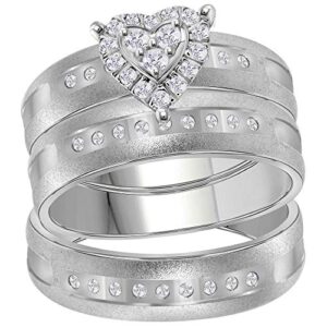 Solid 14k White Gold His and Hers Round Diamond Heart Matching Couple Three Rings Bridal Engagement Ring Wedding Bands Set 1/4 Ct. - (L = 7, M = 11.5)