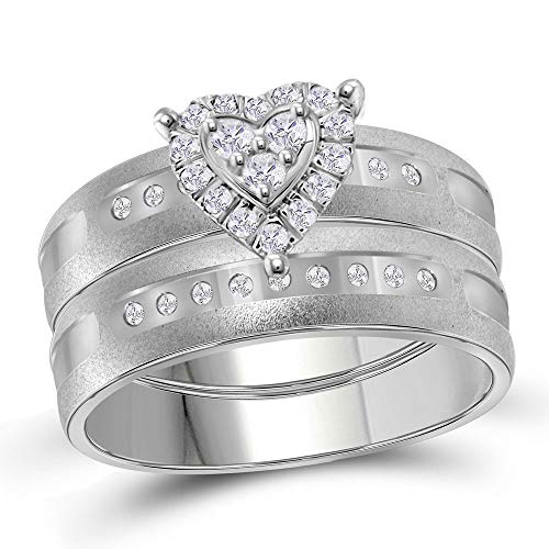 Solid 14k White Gold His and Hers Round Diamond Heart Matching Couple Three Rings Bridal Engagement Ring Wedding Bands Set 1/4 Ct. - (L = 7, M = 11.5)