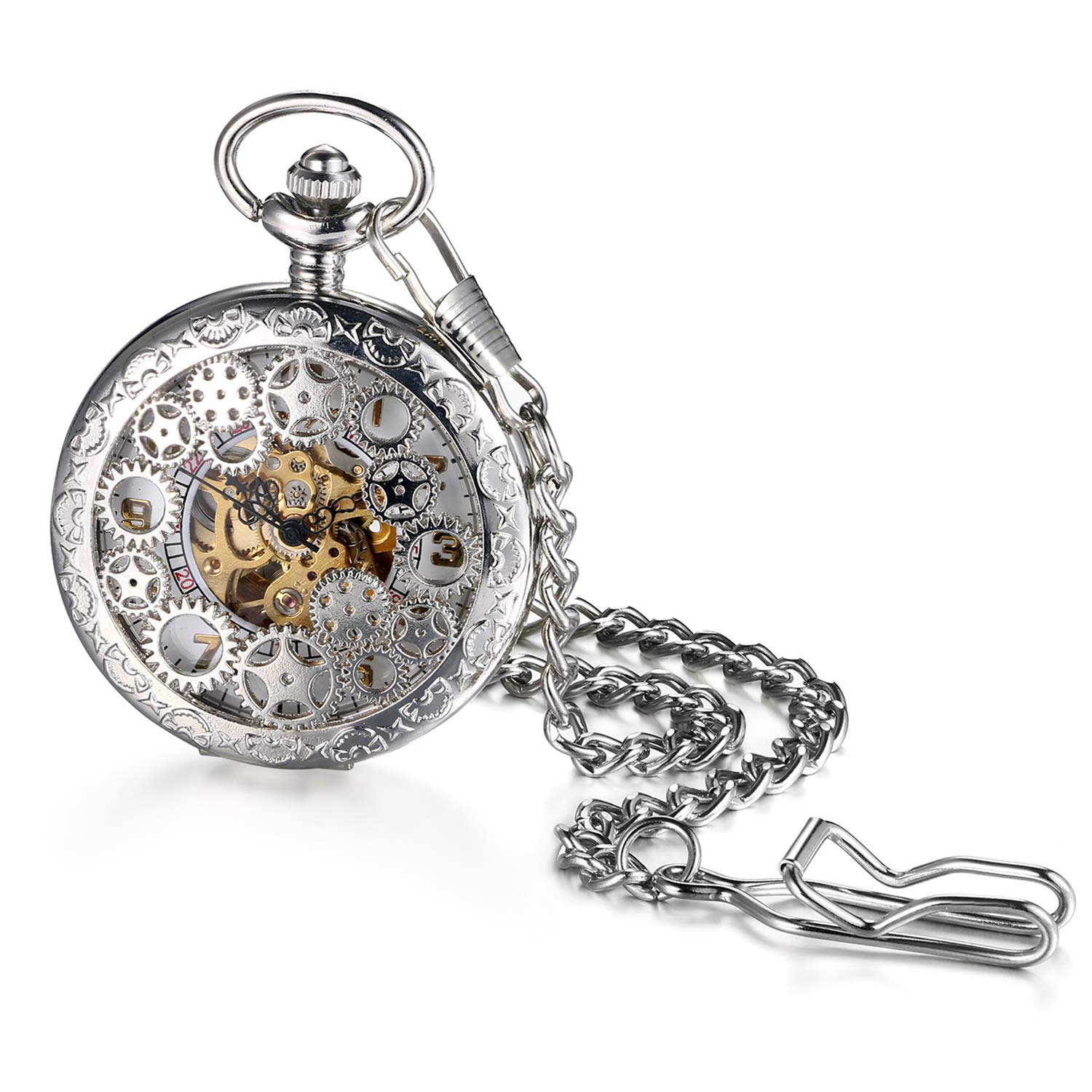 Avaner Steampunk Retro Half Hunter Copper Gear Skeleton Hand Wind Mechanical Roman/Arabic Numeral Analog Display Pocket Watch with 14" Chain (Silver)