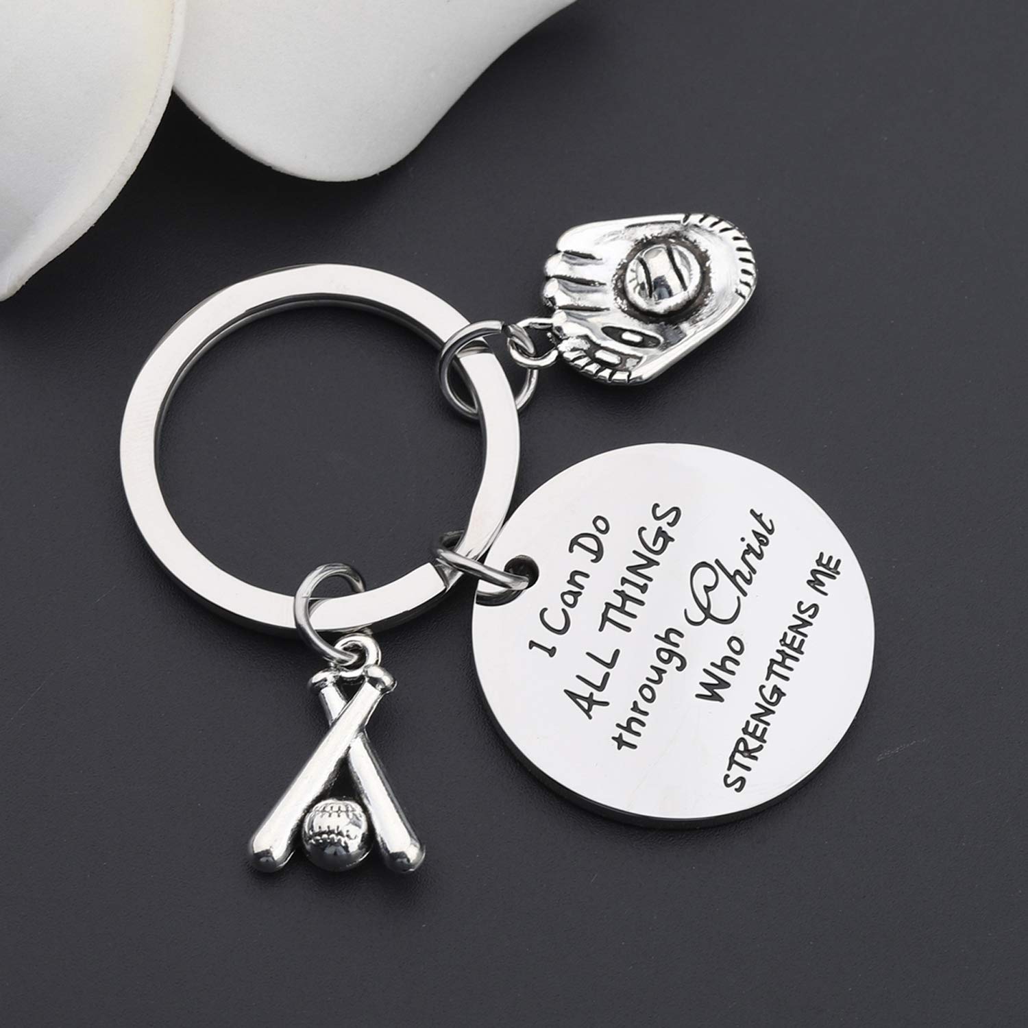 LQRI Baseball Keychain Baseball Player Gift Baseball Coach Gift I Can Do All Things Through Christ Who Strengthens Me Keychain Baseball Jewelry Softball Jewelry Gift (sliver)