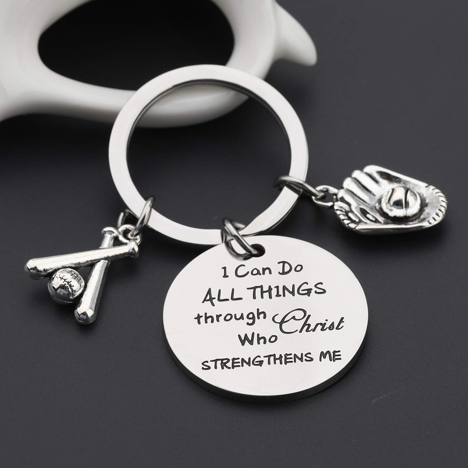 LQRI Baseball Keychain Baseball Player Gift Baseball Coach Gift I Can Do All Things Through Christ Who Strengthens Me Keychain Baseball Jewelry Softball Jewelry Gift (sliver)