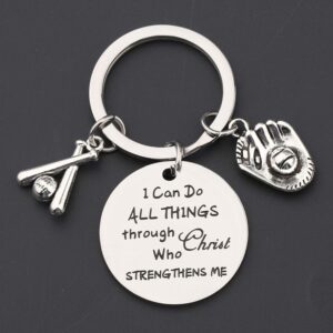 LQRI Baseball Keychain Baseball Player Gift Baseball Coach Gift I Can Do All Things Through Christ Who Strengthens Me Keychain Baseball Jewelry Softball Jewelry Gift (sliver)