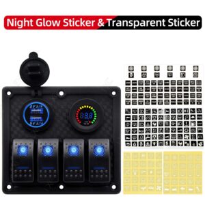 FXC 4 Gang Waterproof Marine Boat Rocker Switch Panel, DC 12V 5 Pin ON-Off Switch, with RGB LED Digital Display Voltmeter and 4.2A Dual USB Slot Socket for Boat Car Rv Vehicles Truck