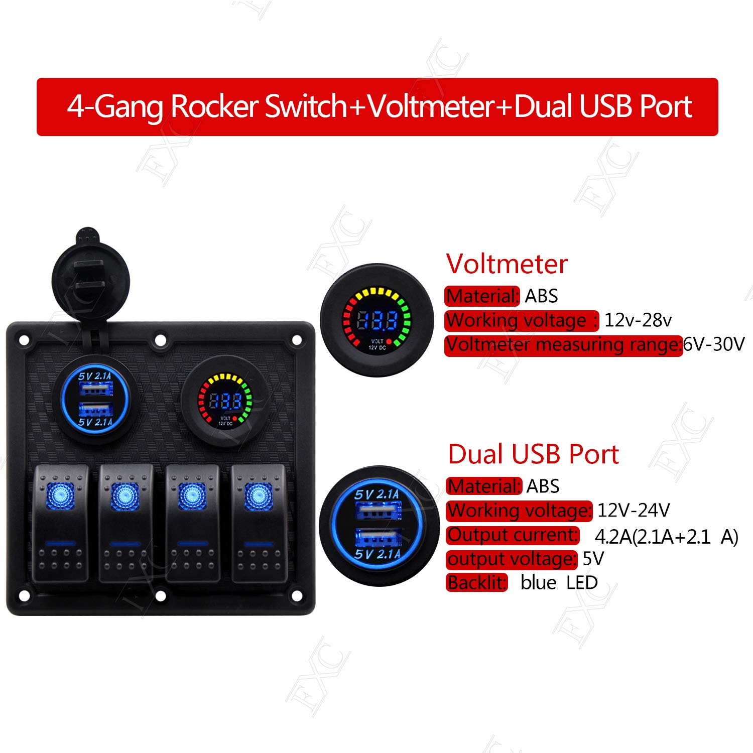 FXC 4 Gang Waterproof Marine Boat Rocker Switch Panel, DC 12V 5 Pin ON-Off Switch, with RGB LED Digital Display Voltmeter and 4.2A Dual USB Slot Socket for Boat Car Rv Vehicles Truck