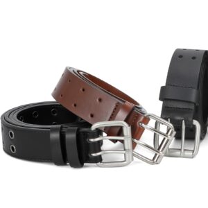 XZQTIVE Men's Double Prong Belt 2 Holes Leather Jeans Belt for Men 1.5 inches Wide