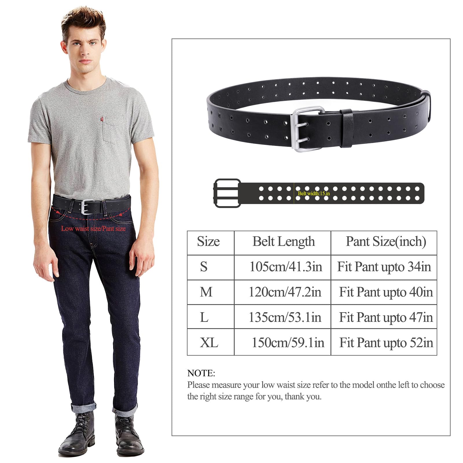 XZQTIVE Men's Double Prong Belt 2 Holes Leather Jeans Belt for Men 1.5 inches Wide