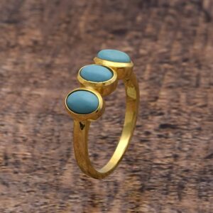 Trio Stone Oval Cab Turquoise Gemstone 14 kt Gold Plated Sterling Sold Silver Vintage Ring December Birthstone Ring (12)