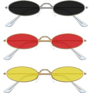 3 pieces vintage oval sunglasses retro slender metal frame oval glasses small vintage sunglasses candy colors for men woman (grey lens, red lens, yellow lens)