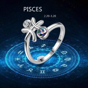 Aurora Tears Pisces Zodiac Rings Women 12 Constellation Horoscope Sign 925 Sterling Silver Mystic Rainbow Topaz Astrology Star Adjustable Birthday Gifts Fire Topaz Present DR0087Y