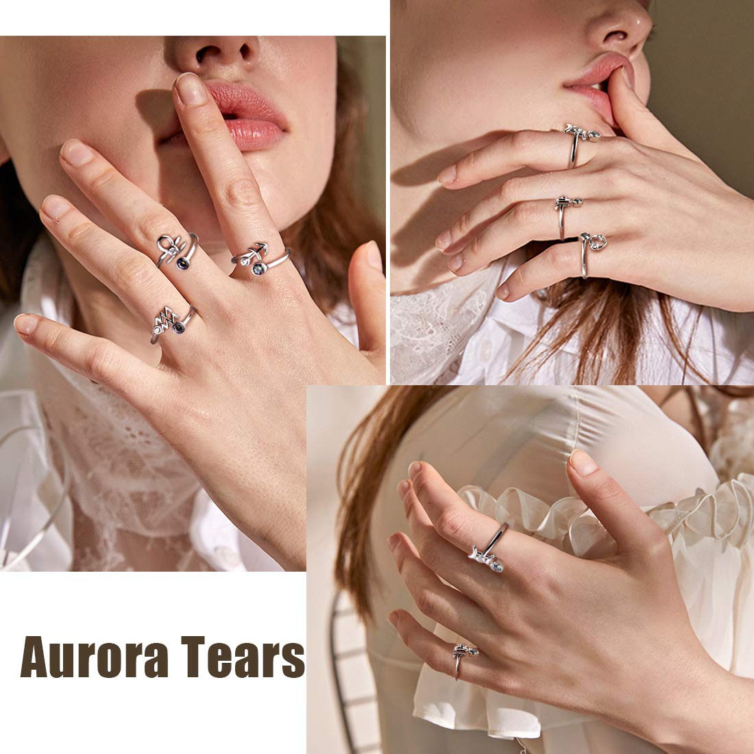 Aurora Tears Pisces Zodiac Rings Women 12 Constellation Horoscope Sign 925 Sterling Silver Mystic Rainbow Topaz Astrology Star Adjustable Birthday Gifts Fire Topaz Present DR0087Y