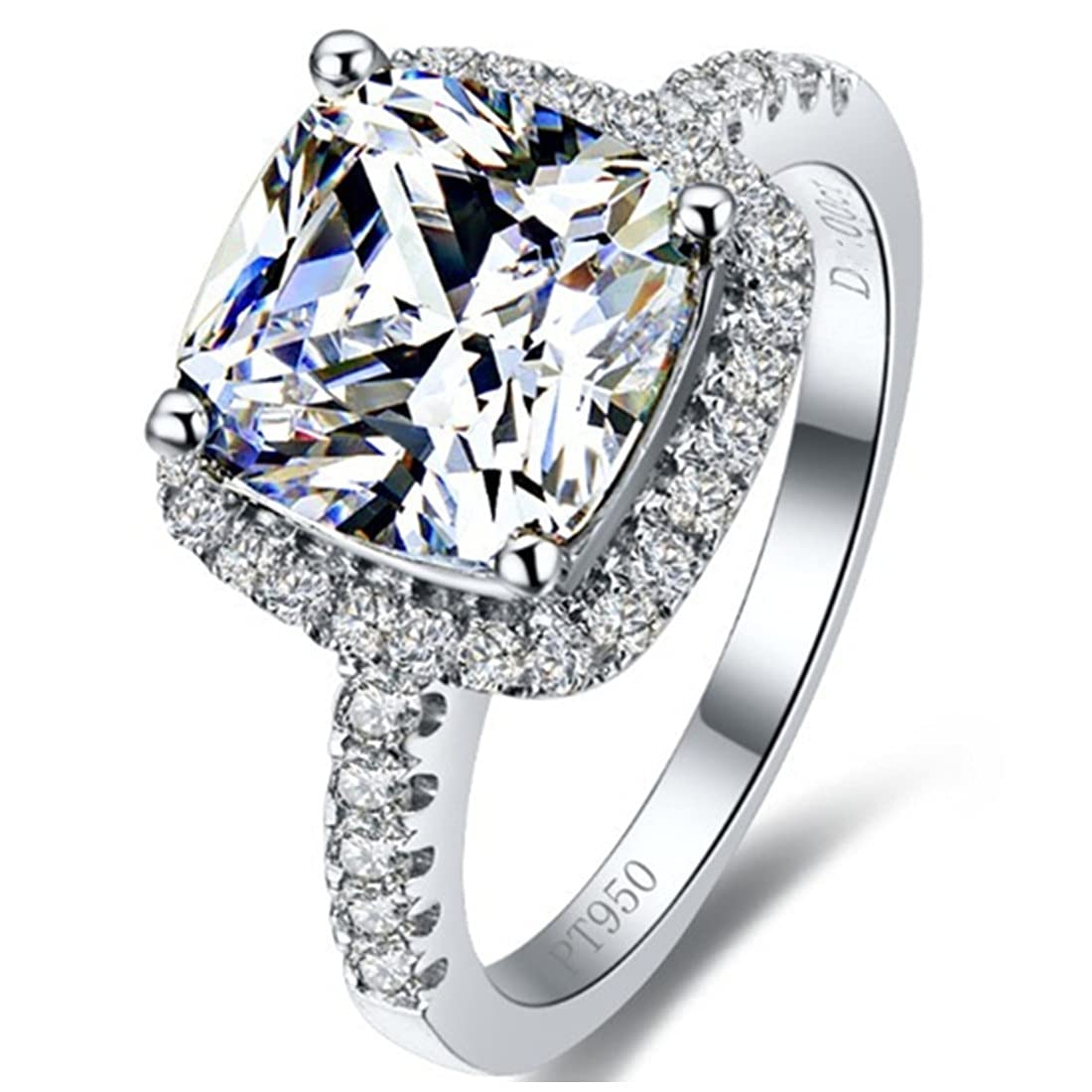 18K White Gold Plated 3CT Zircon Cushion Halo Diamond Ring for Women Sterling Silver Jewelry