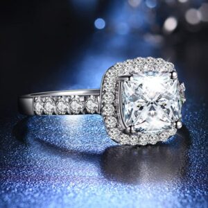 18K White Gold Plated 3CT Zircon Cushion Halo Diamond Ring for Women Sterling Silver Jewelry