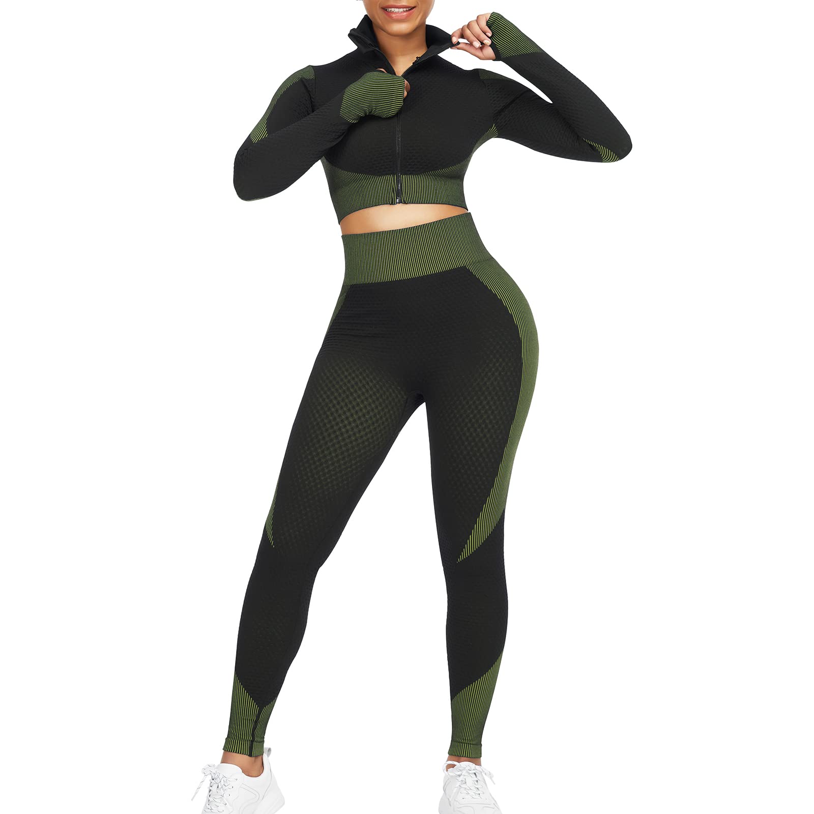 JOYMODE Two Piece Women Workout Sets longsleeve Gym Outfits Crop Top Tummy Control High Waist Leggings Set