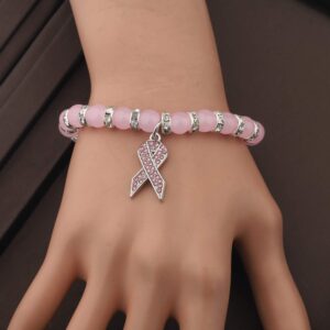 CENWA Breast Cancer Awareness Bracelet Pink Rhinestone Ribbon Charm Beads Bracelet Breast Cancer Support Gift (Breast Cancer Awareness Br)