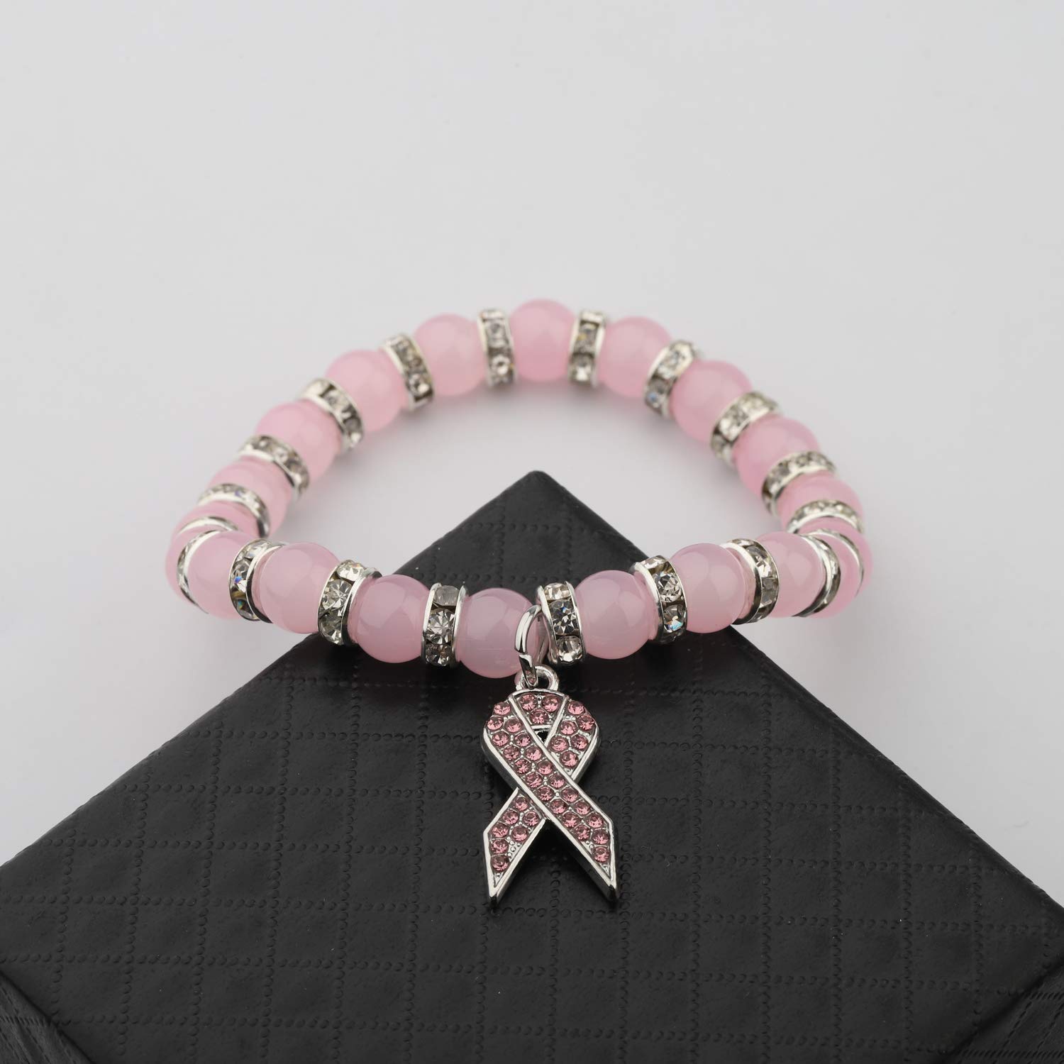 CENWA Breast Cancer Awareness Bracelet Pink Rhinestone Ribbon Charm Beads Bracelet Breast Cancer Support Gift (Breast Cancer Awareness Br)