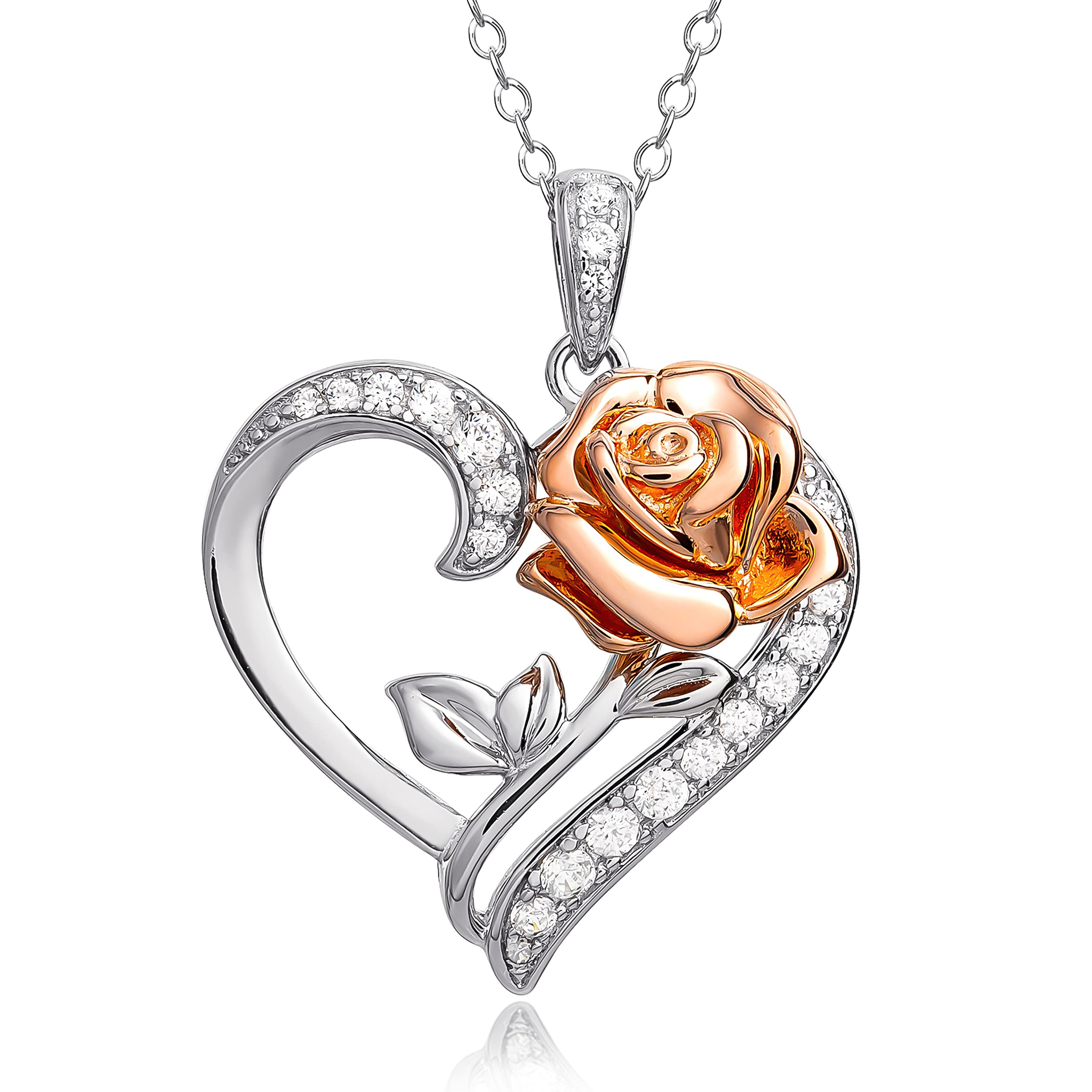 Disney Womens Beauty and the Beast Rose Necklace Officially Licensed - 18" Sterling Silver Necklace with Rose Heart Pendant