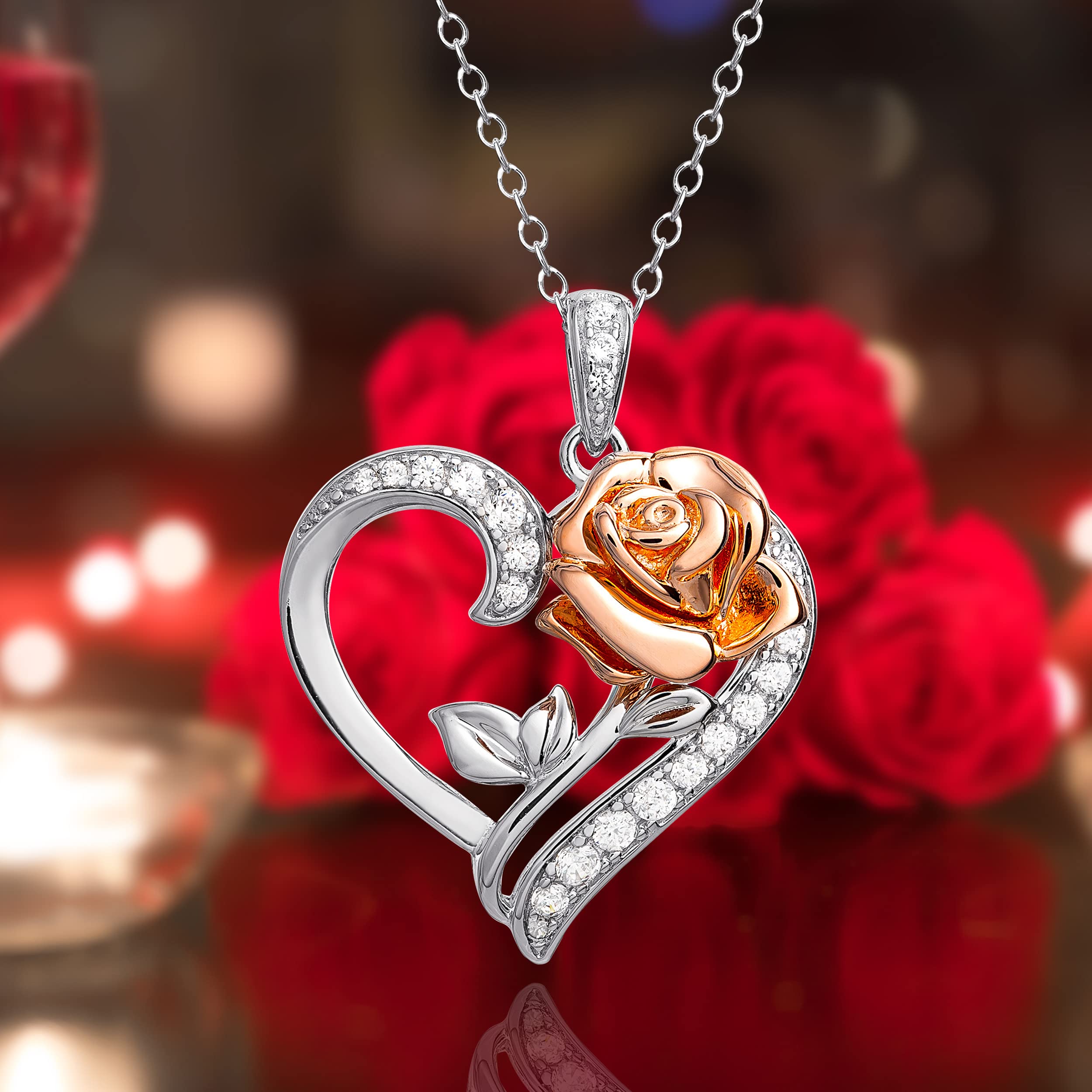 Disney Womens Beauty and the Beast Rose Necklace Officially Licensed - 18" Sterling Silver Necklace with Rose Heart Pendant