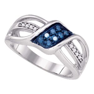 the diamond deal 10k white gold womens blue color enhanced diamond crossover band ring 1/5 cttw