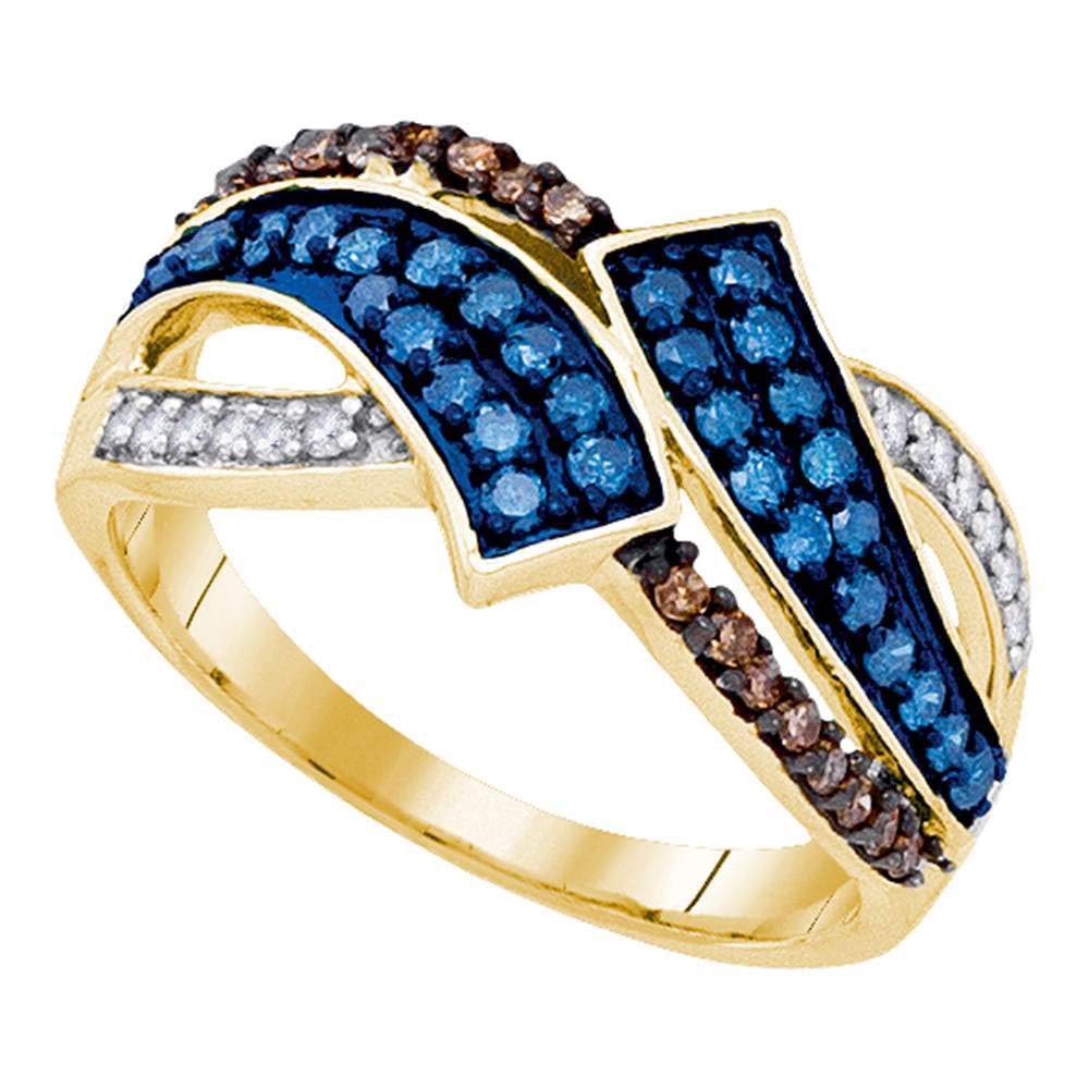 The Diamond Deal 10kt Yellow Gold Womens Round Blue & Brown Diamond Round Ring 1/2 Cttw