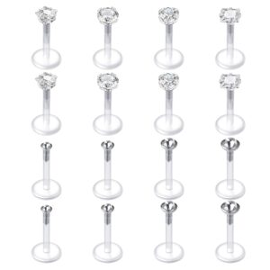 Mayhoop 16G 16Pcs Tragus Earrings Lip Rings Labret Studs Jeweled Cartilage Helix Earrings Flexible Clear Bar Medusa Piercing Retainer 6mm 8mm for Women Men