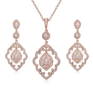 sweetv wedding jewelry for bride, rose gold necklace and earrings jewelry set, bridal jewelry set for wedding party costume