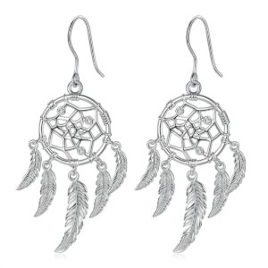 infuseu sterling silver dream catcher feather tassel dangle earrings for women ladies, tribal amulet boho bohemian charms fashion jewelry