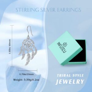 INFUSEU Sterling Silver Dream Catcher Feather Tassel Dangle Earrings for Women Ladies, Tribal Amulet Boho Bohemian Charms Fashion Jewelry