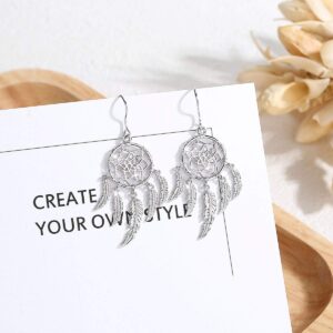 INFUSEU Sterling Silver Dream Catcher Feather Tassel Dangle Earrings for Women Ladies, Tribal Amulet Boho Bohemian Charms Fashion Jewelry